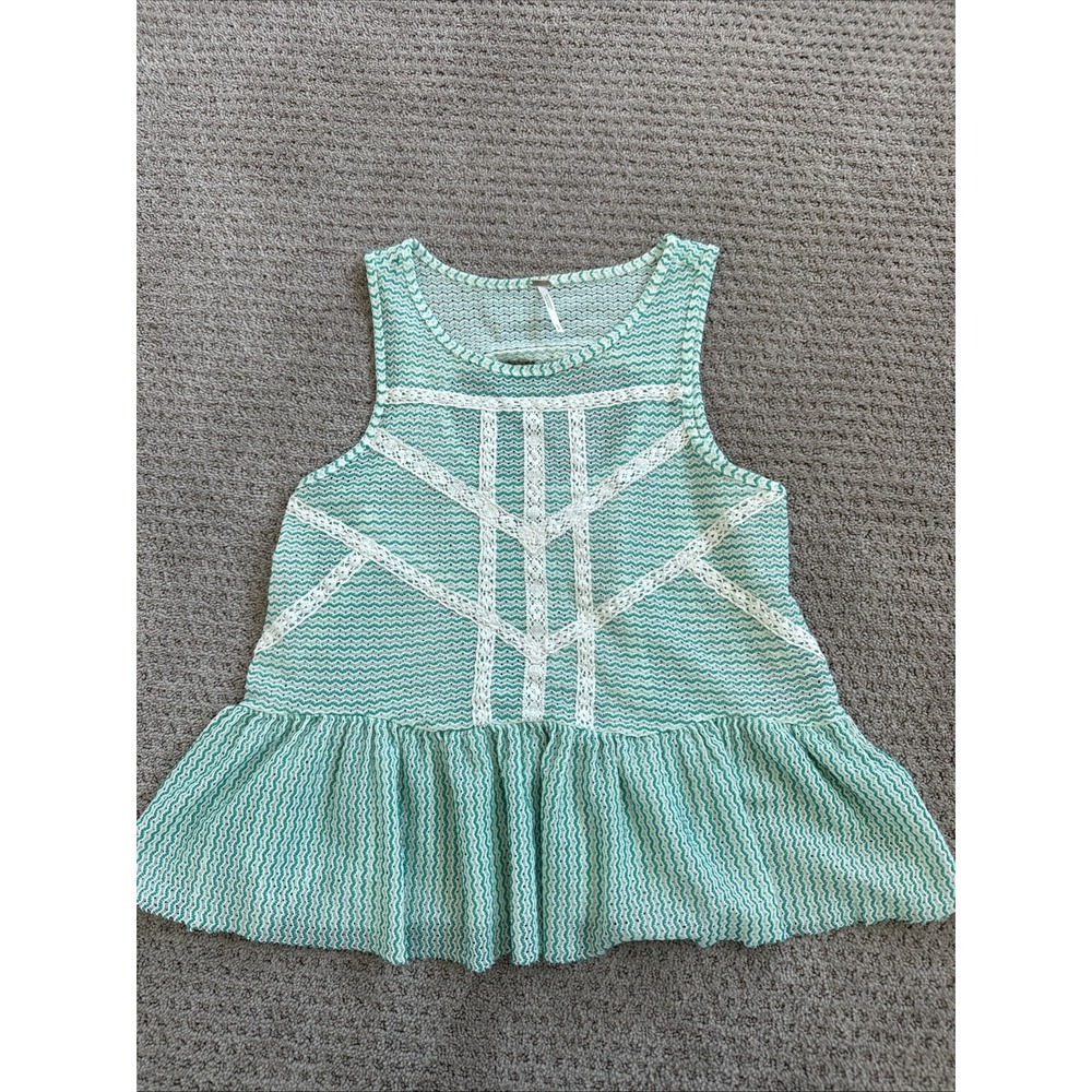 Free People  Women's Green Lace Striped Peplum Sleeveless Top Size Small Boho